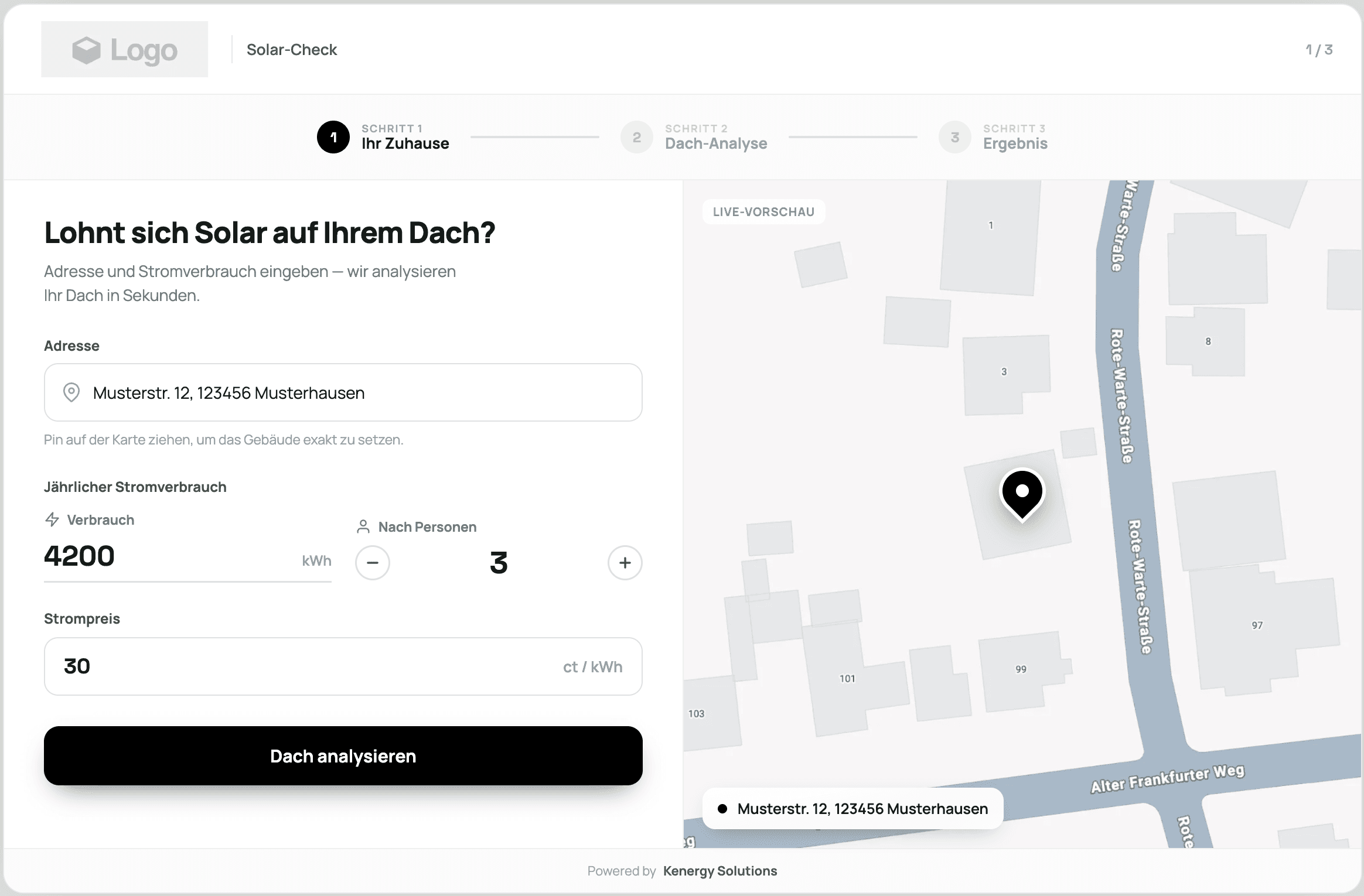 Solar Insight Plugin, eingebettet auf einer Website mit sofortiger PV-Planung
