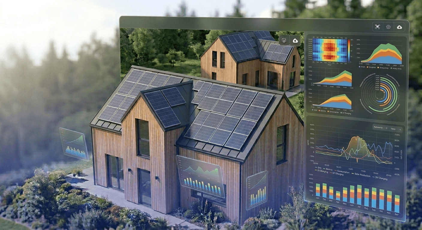 Mann und Kind vor einer Solaranlage auf einem Einfamilienhaus