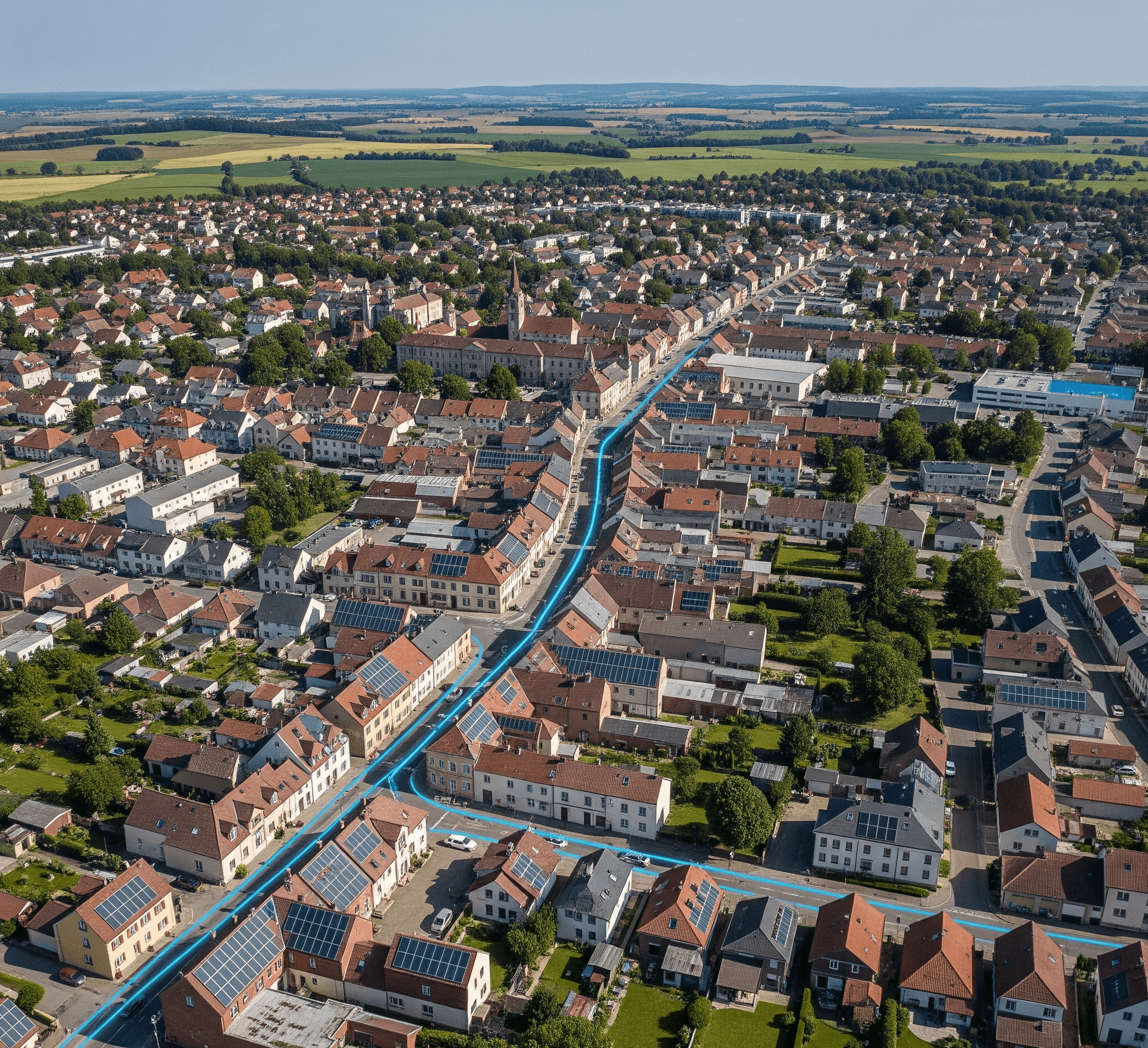 Luftaufnahme eines Versorgungsgebiets mit analysierten Häusern